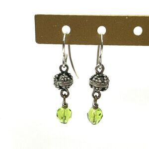 Sterling Silver August Birthstone Dangle Earrings Green Faceted Faux Peridot Vtg
